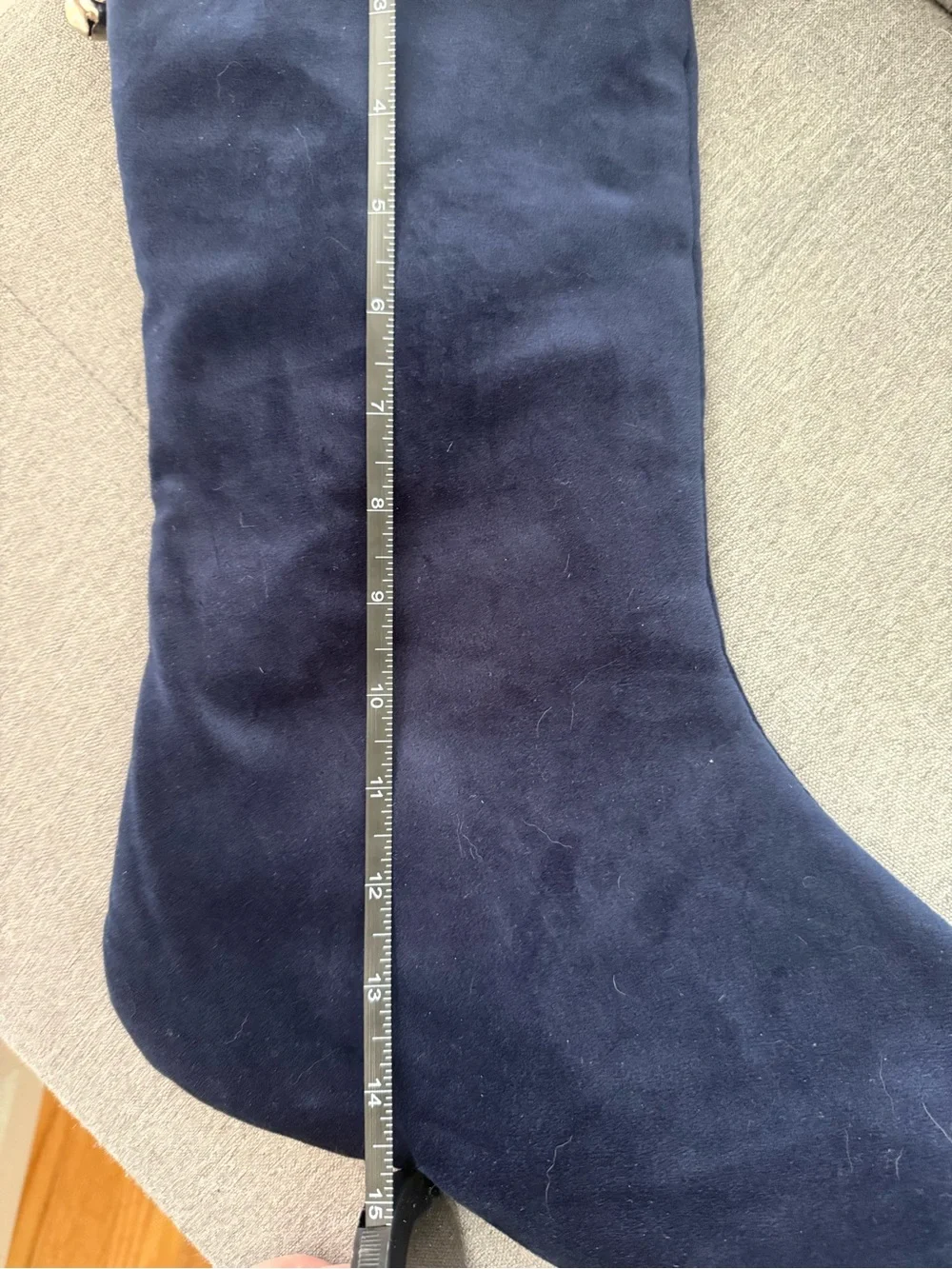 Holiday Time Navy velvet-Style Stocking with Bells and White Initial Tag